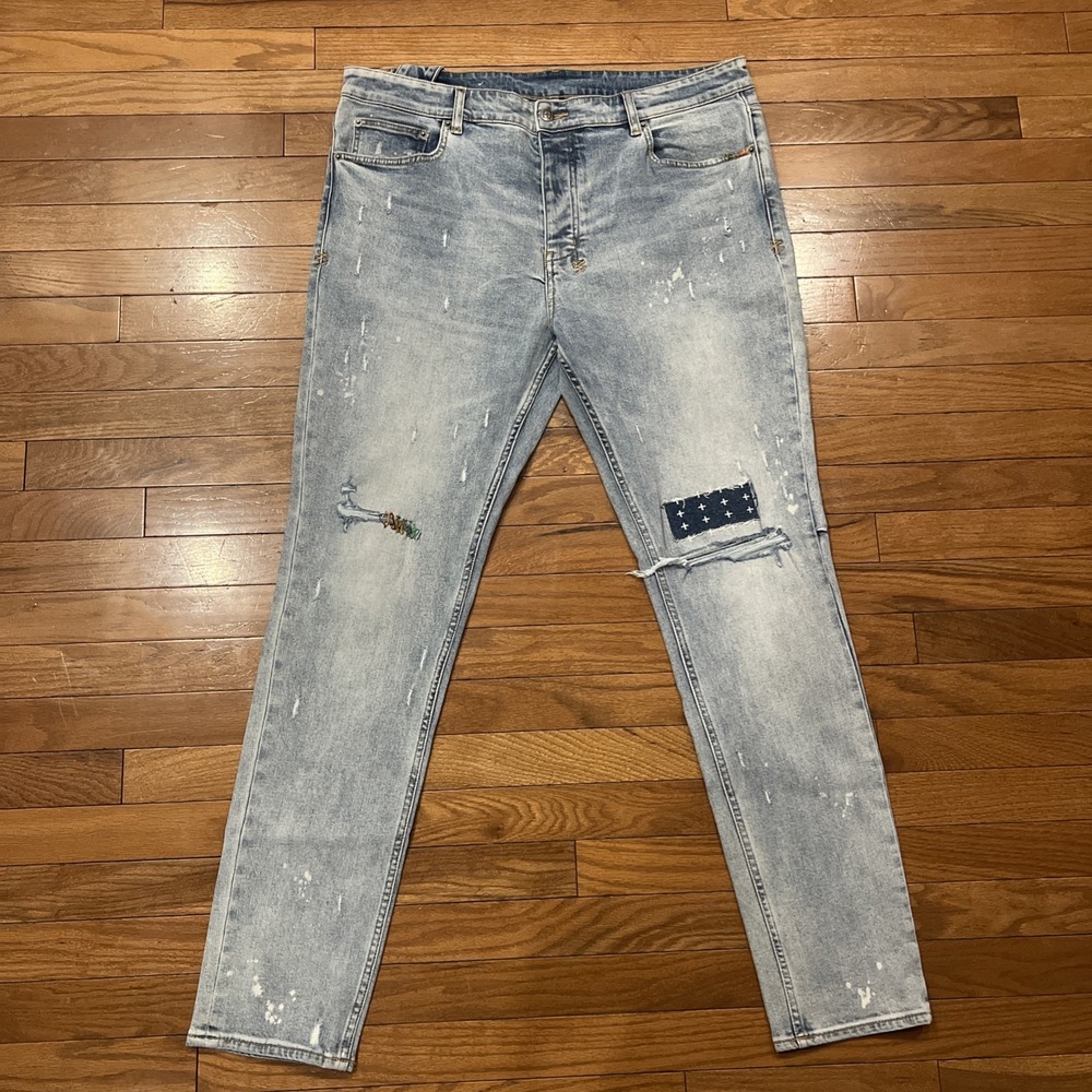 Ksubi Distressed Jeans Mens 38 Light Wash Patch Repair Paint Splatter Denim